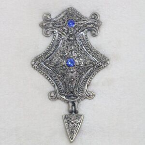 Vintage Ornate Filigree Large Silver & Blue Rhinestone Scarf Dress Clip Buckle